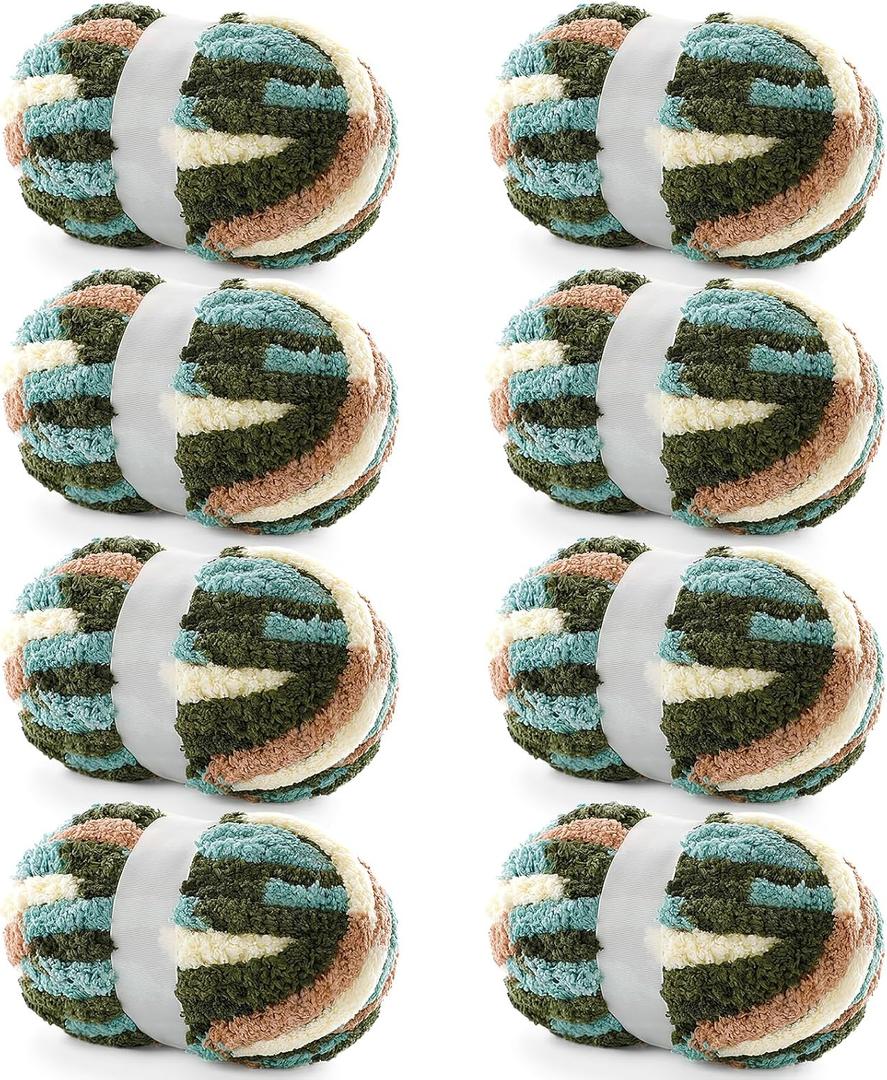 8 Pack Chunky Yarn for Hand Knitting - Chenille Blanket Yarn for Crocheting Blankets - 228 Yds/61.6 Oz Rainbow Ombre Yarns - Super Bulky Soft Thick Mixed Color Jumbo Yarns (8, Green-White-Curry)