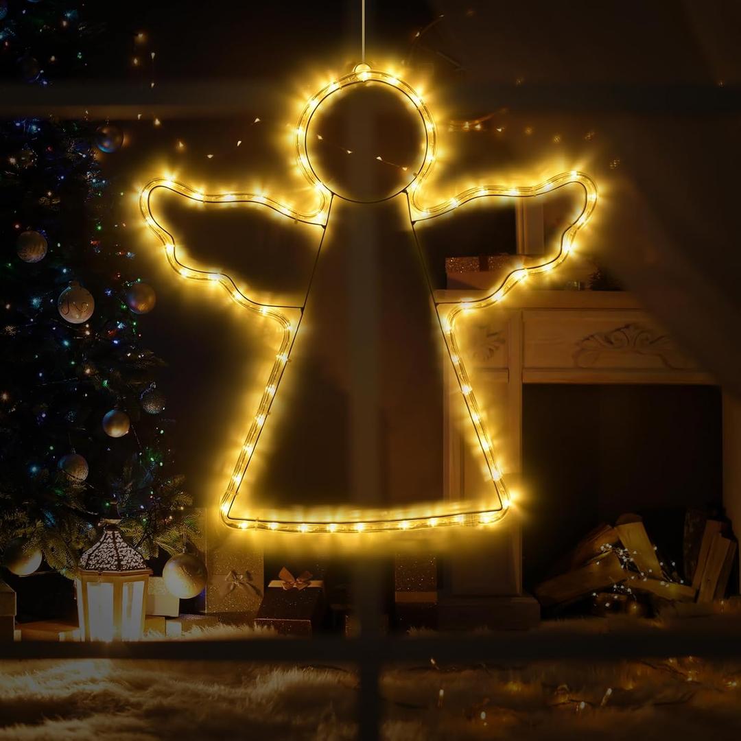 DBFAIRY 19" Angel Lights Outdoor LED Christmas Hanging Lights Waterproof Large Xmas Angel Lights Mains Powered Timer Built in, Christmas Window Decoration Lights (Warm White)