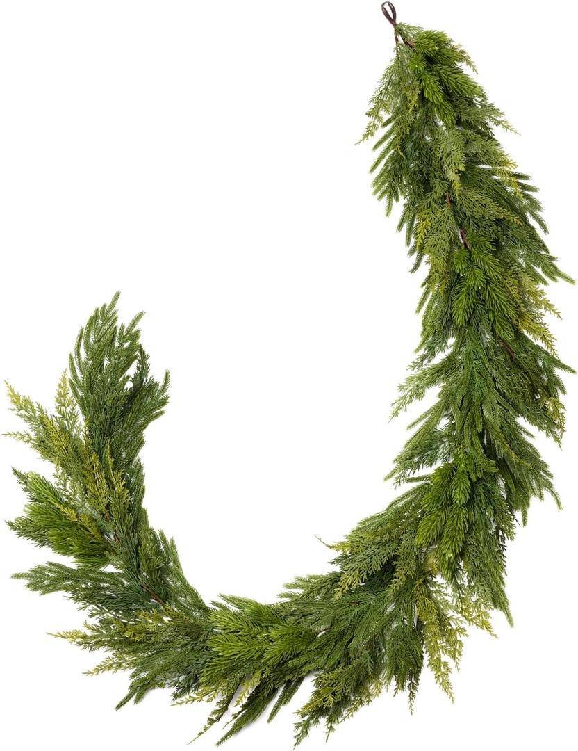 Somikis 6FT Christmas Garland Real Touch Norfolk Pine & Cedar Garland, Artificial Realistic Greenery Garland for Mantle Table Stair Railing Indoor Outdoor Christmas Decorations