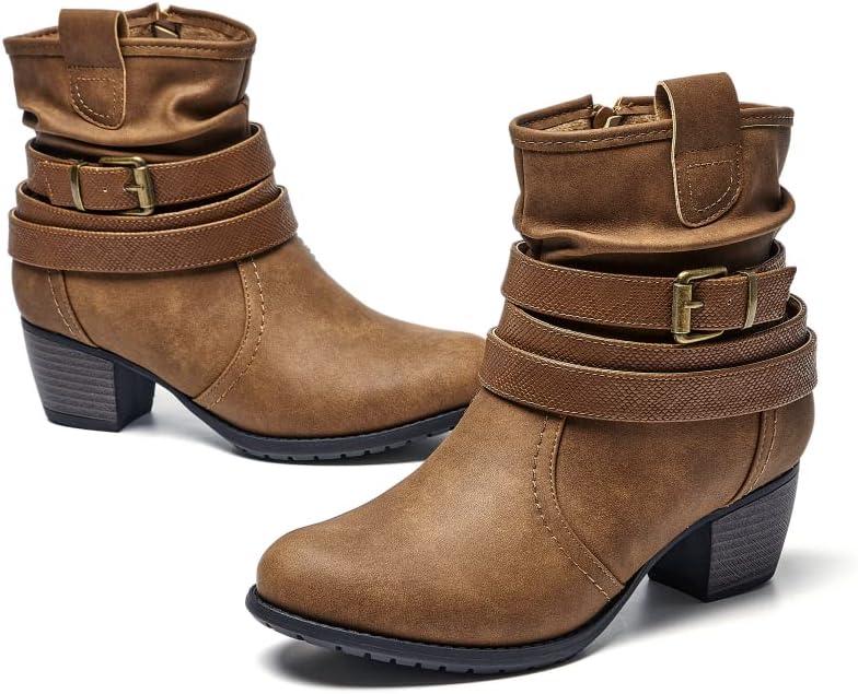 VJH confort Women's Mid Calf Boots,Round Toe Comfort Low Heel Slouchy Dress Booties with Buckle Strap Side Zipper (9, Camel)