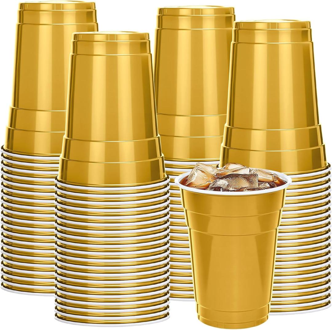 Mimorou Gold 200 Pack 16 oz Plastic Cups Bulk, Disposable Cups for Party Graduation Mardi Gras Wedding Stackable Beverage Drinking Tumbler Heavy Duty for BBQ Birthday Baby Shower