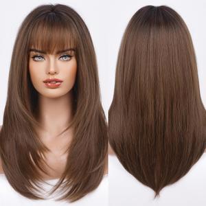 HAIRCUBE Dark Brown Synthetic Women's Wig Layered Wigs with Bangs Middle length Straight and Heat Resistant