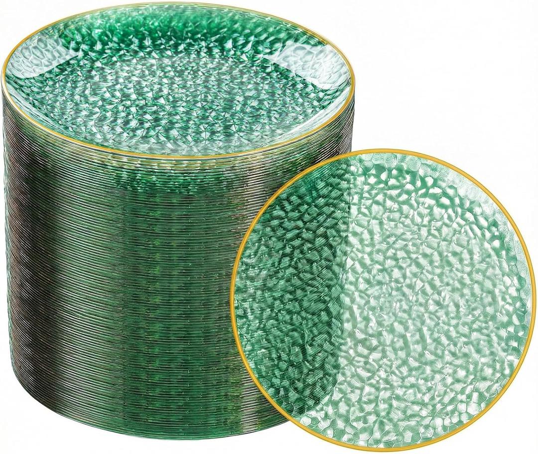 Rubtlamp 100Pcs Green Dessert Plates, 6 Inch Green Gold Plates,Small Salad Plates, Hammer Mini Appetizer plates,Heavy Duty Fancy Cake plates for Birthday Party Wedding Teatime