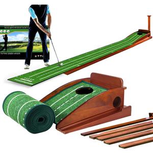 GimYaa Golf Putting mat Green Indoor and Outdoor with Auto Ball Return,Game Practice Golf Gifts for Home, Office, Backyard Indoor Golf and Outdoor Use, Crystal Velvet Mat (Green one hole version)