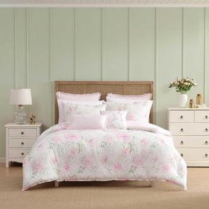 Laura Ashley - Queen Bonus Comforter Set, Reversible Bedding with a Soft Feel, 7 Piece Bed Set with Matching Pillowcases, Euro Shams, & Throw Pillow Covers (Serenity Roses/Mattie Stripe Pink)