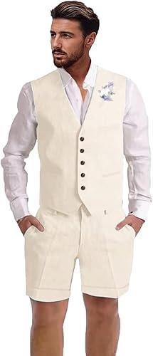 Dsteng Mens Linen Suit 2 Piece Short Suits for Men Casual Summer Beach Wedding Suit Linen Vest Shorts Set Size XL 