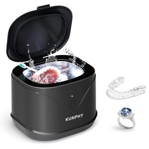 Ultrasonic Retainer Cleaner, KUNPHY 46KHz Professional Ultrasonic Cleaner 7.5Oz, Retainer Cleaner Machine for Dentures, Braces, Aligner, Dental Appliances (Black)