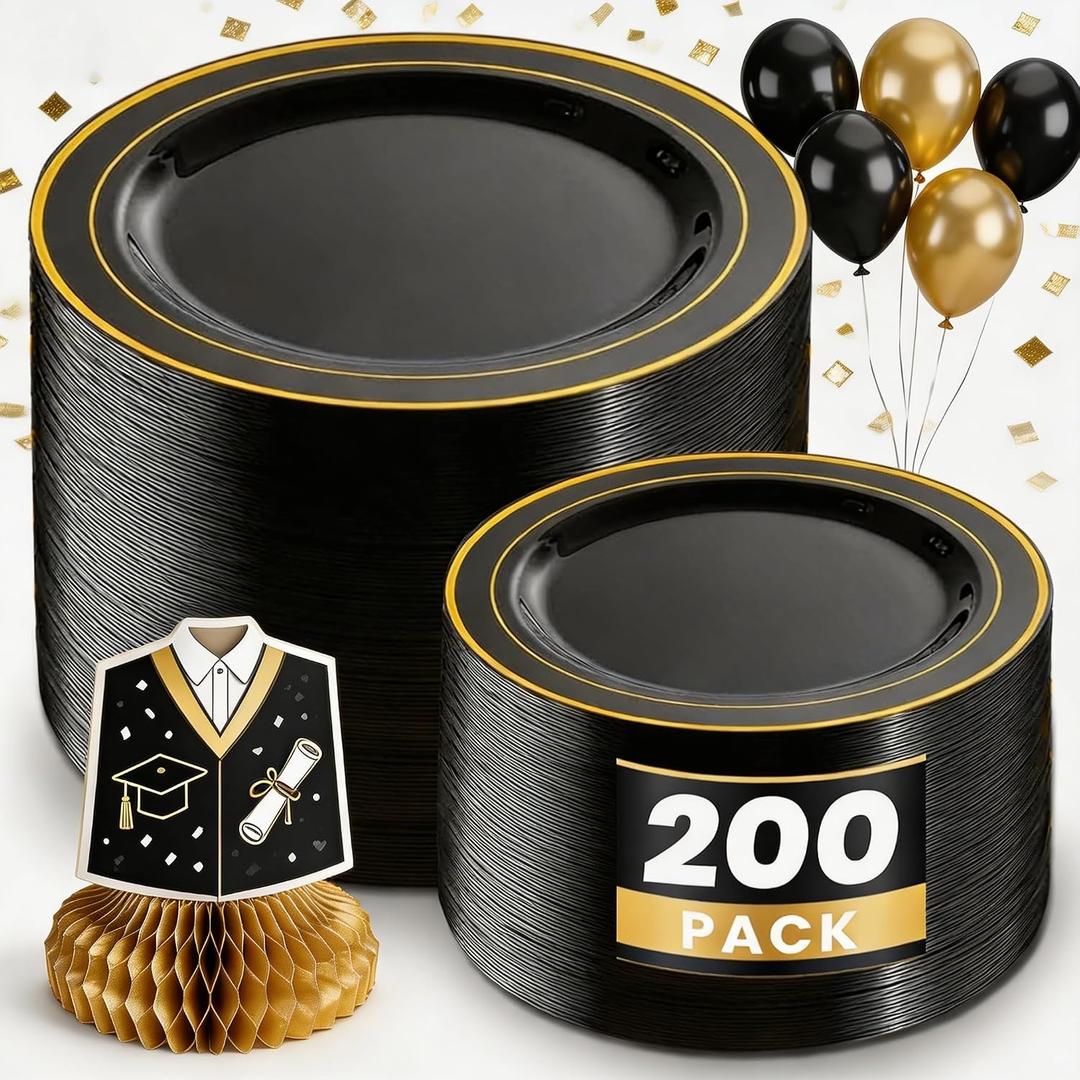 WDF 200PCS Black and Gold Plastic Plates - Black Plates Disposable for Party - Heavy Duty Plastic Plate for Wedding/Party/Birthday/Graduation