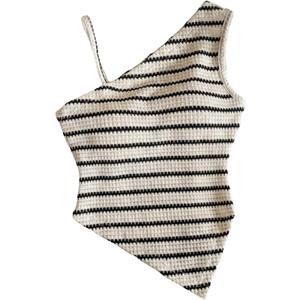 Verdusa Girl's Striped Off Shoulder High Low Knitted Tank Tops Textured Asymmetrical Sleeveless Tops (White)