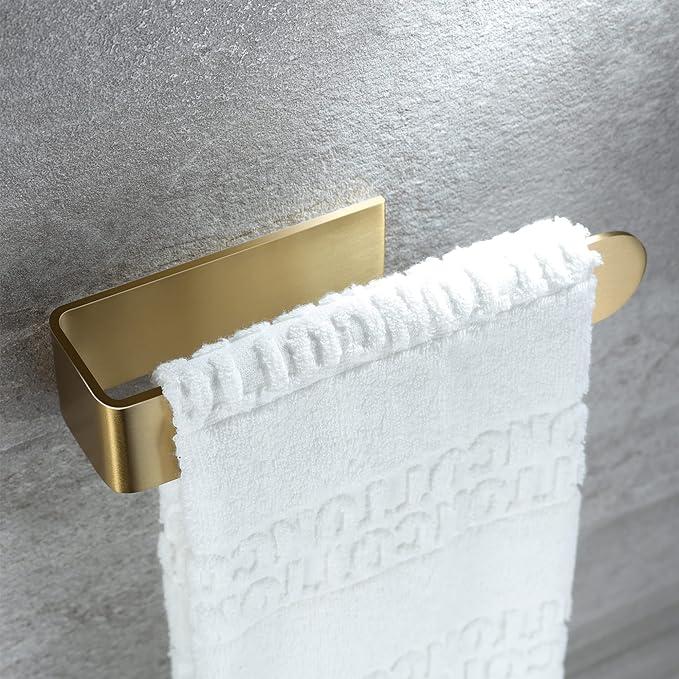 Taozun Adhesive Towel Rack/Hand Towel Holder, Gold Towel Holder for Bathroom Towel Bar Stick on Wall, Stainless Steel Brushed Towel Ring, 1 Pack