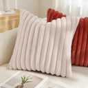 decorUhome Summer Cozy Faux Fur Throw Pillow Covers 18x18 Set of 2 Decorative Soft Plush Striped Modern Farmhouse Boho Couch Pillow Cases with Velvet Back for Sofa Bed Living Room, Beige