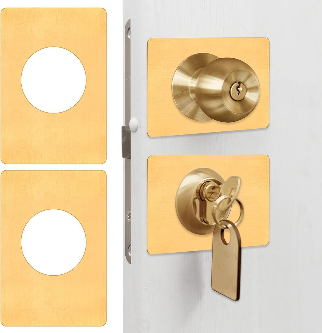 LEIFIDE 2 Pcs Door Knob Reinforcement Plate Stainless Steel Door Lock Repair Plate Bracket with 4 Pcs Adhesive Tapes Prevent Lock Loose or Wobbly(Gold)