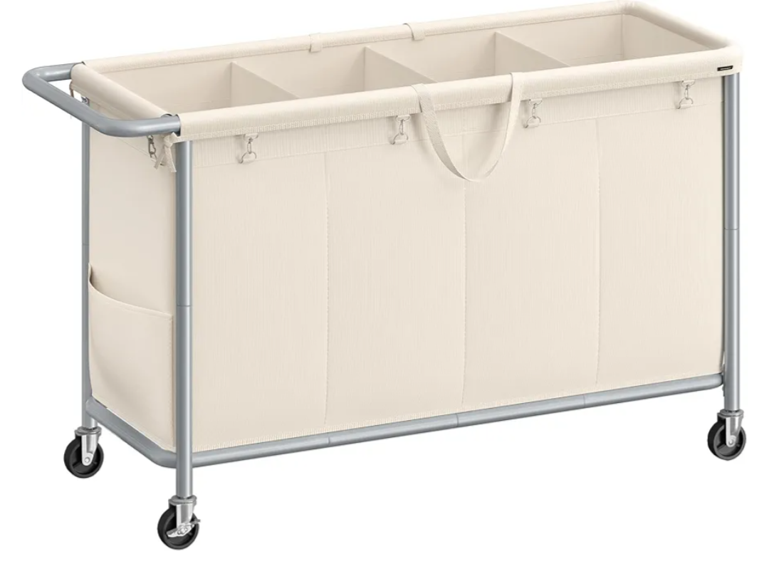 SONGMICS Laundry Basket with Wheels, 4-Section Rolling Laundry Hamper, 68.6 Gallons (260 L), Removable Liner, Steel Frame with Handle, 43.3 x 15.4 x 31.9 Inches, Cream White URLS014W01