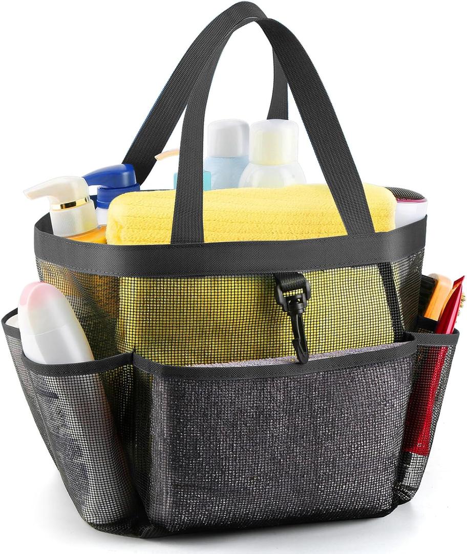 LOYEE Mesh Shower Caddy Portable for College Dorm Room Essentials with 8 Pockets, Shower Bag for Beach, Swimming, Gym, Travel, Bathroom(Black)