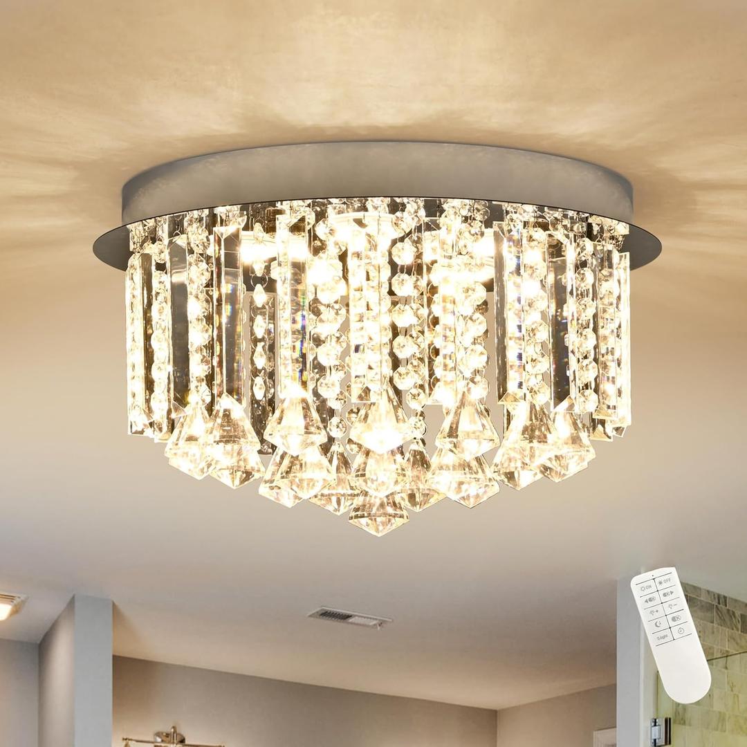 5-Light 16" Crystal Chandeliers for Dining Room,Dimmable Crystal LED Flush Mount Ceiling Light with Remote,Raindrop Modern Chandelier K9 Crystals Light for Bedroom Living Room (Bulb Incl.) (16 inch Chrome)
