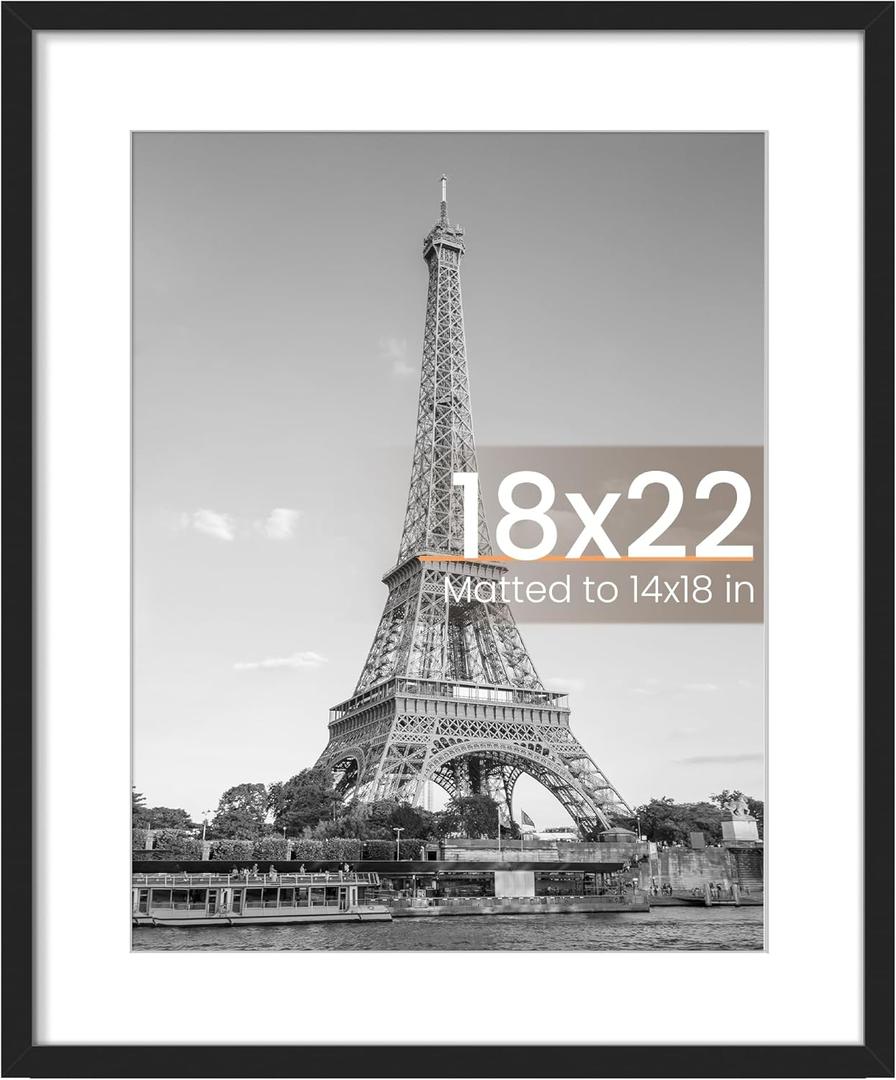 upsimples 18x22 Picture Frame, Display Pictures 14x18 with Mat or 18 x 22 Without, Wall Hanging Poster Frames, Black, 1 Pack