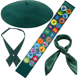 Girls Scout Costume Set - 24pcs Morale Badges Patches Green Beret Scout Sash Neck Scarf and Bowtie for Women Halloween Costume Party Dress Up