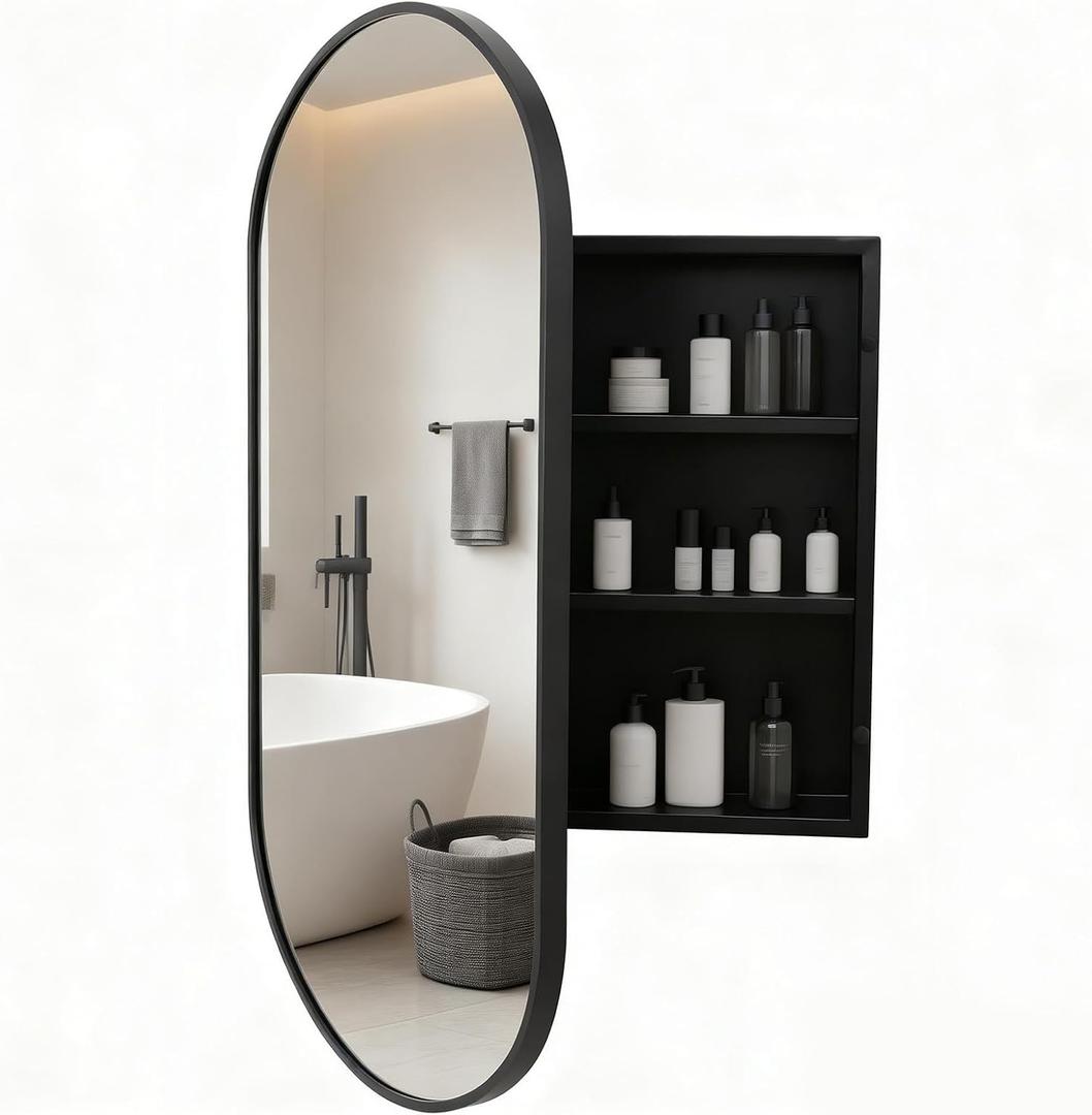 Brushed Black Metal Medicine Cabinet Oval-Design,Bathroom Mirror with Storage, Recessed or Surface Mounted, 2 Adjustable Metal Shelves (Brushed Black, 20x32)