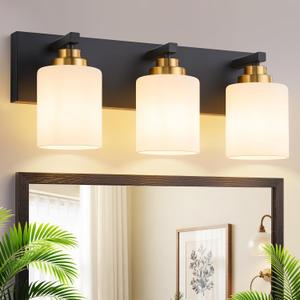 Vanity Lights for Bathroom, 3-Light Black and Gold Bathroom Vanity Light Over Mirror with Milky White Glass Shades, Modern Bathroom Light Fixtures for Living Room Hallway Cabinet (Bulbs Not Included)