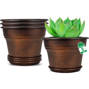 Plant Planters Pots Set of 4 Pack 8 Inch, Plastic Flower Pot For Indoor Plants With Drainage Holes & Trays, Resin Decorative Container Sets With Saucer For House Outdoor Garden Planters Copper