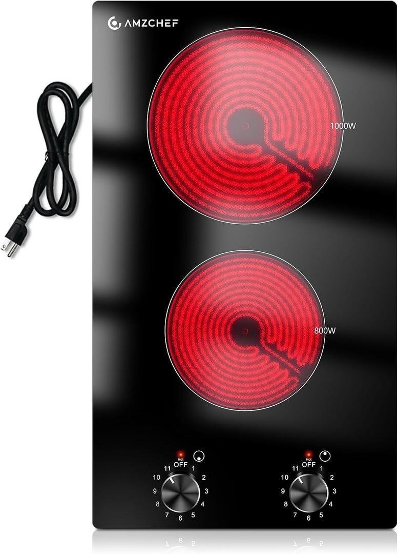 AMZCHEF 12Inch 2 Burner Electric Cooktop, 1800W/11Levels 2 Burners Stove Top With Knob Control Countertop & Built-in Radiant Electric Stove with Residual Heat Indicator