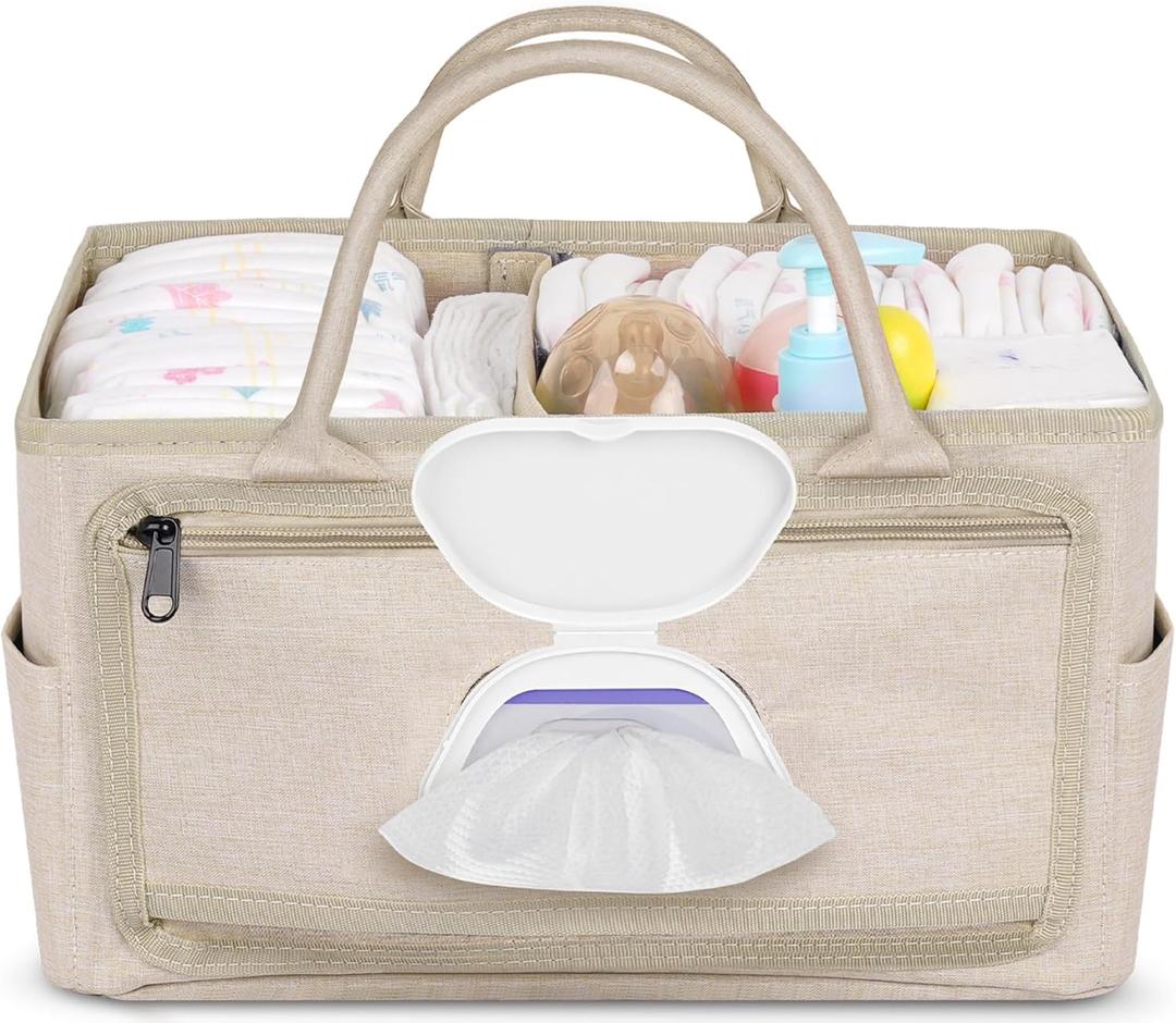 Volnamal Diaper Caddy with Wipe Dispenser One-Handed Access, Premium Diaper Organizer, Portable Car Organizer Nursery Basket for Newborn Essentials, Baby Registry Must Haves for Boys & Girls, Beige