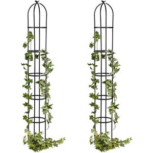 Evergreen Metal Garden Obelisk Trellis for Climbing Plants Outdoor, Indoor Plant Trellis for Potted Plants, Floral Pattern Arch Trellis (Black, 7 ft. Round, Set of 2)