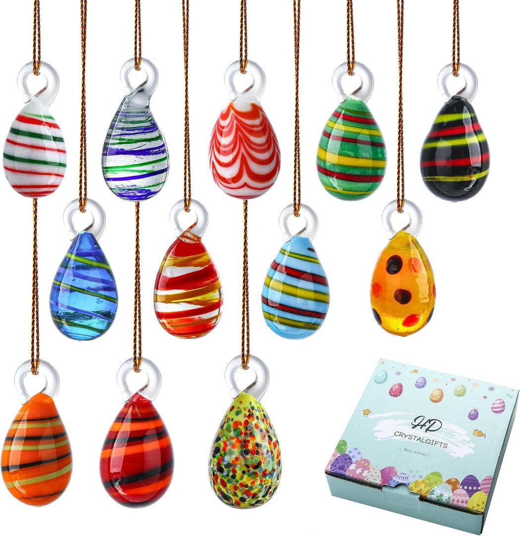 HDCRYSTALGIFTS Set 12 Blown Glass Easter Tree Ornaments, Multicolored Mini Hanging Glass Eggs Decor for Tree Basket DIY Crafts Easter Party Favors