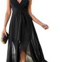 MIMIFINA Women's Elegant V Neck Pleat Sleeveless Chiffon Ruffled Straps High-Low Hem Party Maxi Formal Dress, Size XL