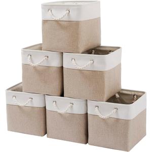 MidmmVick 11 x 11 Inch Cube Storage Bins, 6 Pack Large Collapsible Fabric Storage Bin with Ropes, Foldable Storage Cubes for Home, Office,Closet, Clothes, Toys Organizer (White & Beige-11"x11"x11")