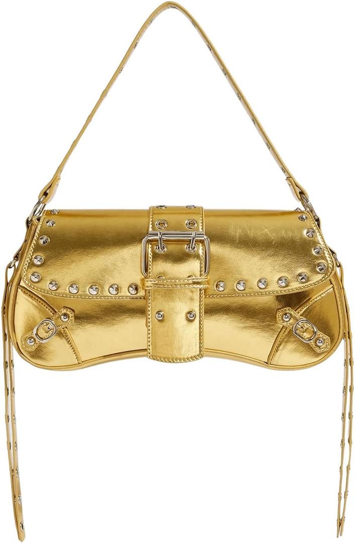 Verdusa Women's Y2K Purse Trendy Goth Studded Punk Leather Shoulder Bag 2000s Purse (Gold)