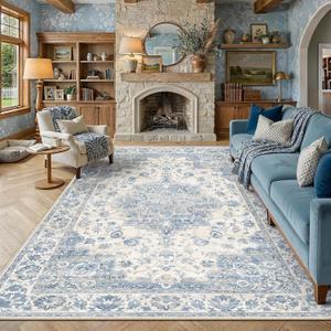 Blue Area Rug 8x10 Vintage Oriental Medallion Non-Slip Carpet