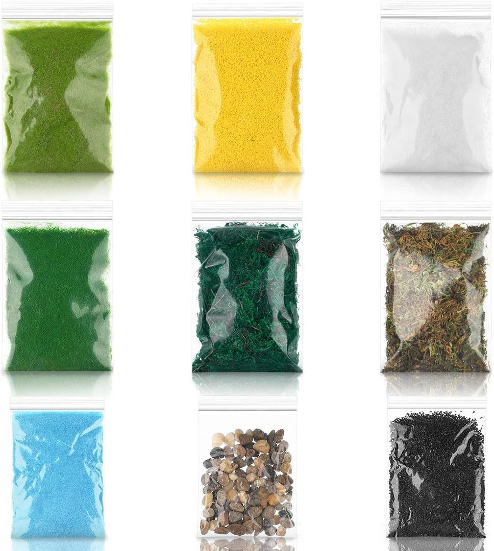 Nuanchu 9 Pack Scenery Basing Material Kit for Miniatures Model Stone, Grass Cashmere Powder, Dry Grass Mixed Model Grass Powder Green Micro Landscape Building Miniatures Fake Grass Garden