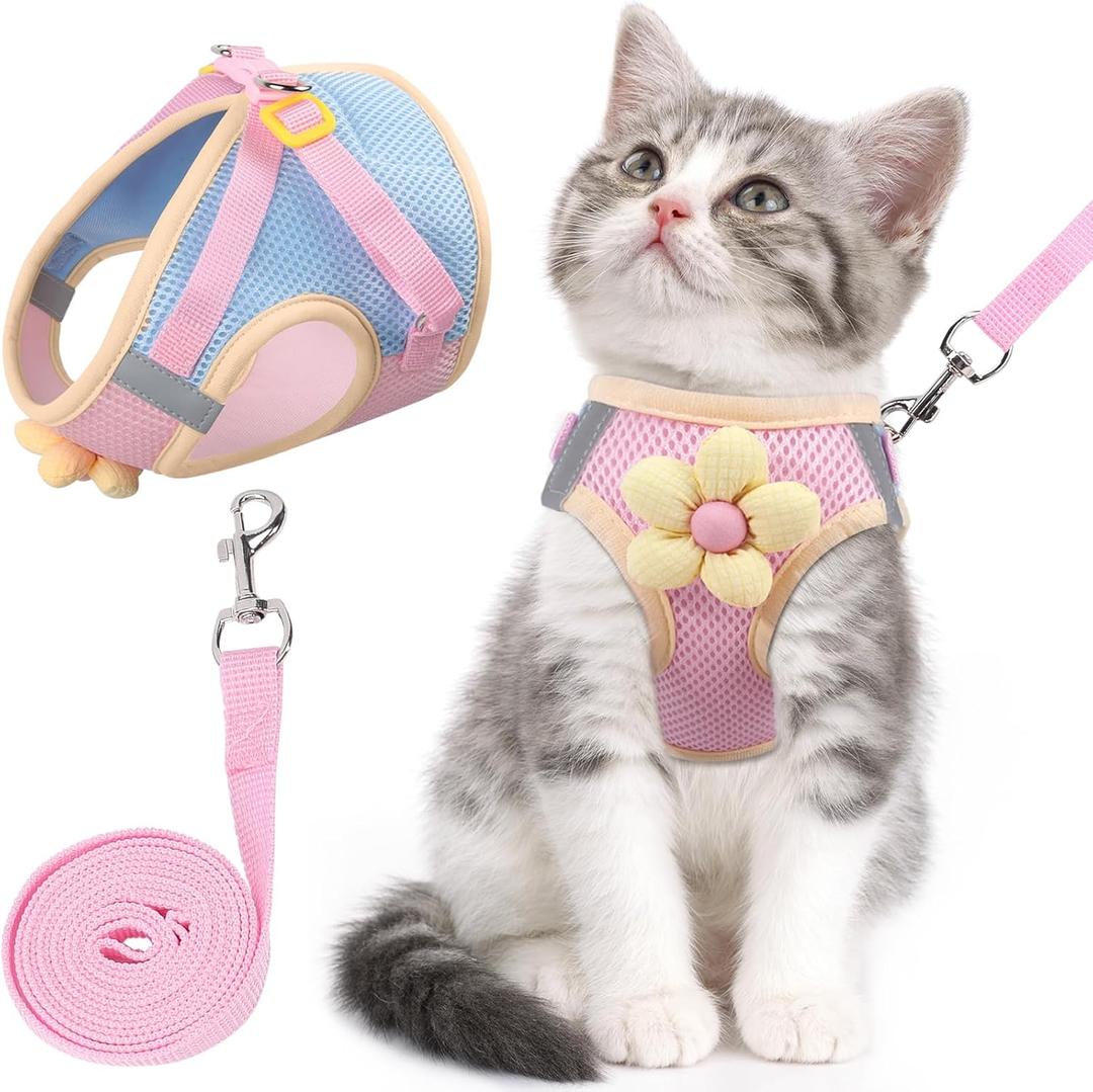 Cat Harness and Leash Set for Walking Escape Proof, Adjustable Kitten Harness Breathable Mesh with Reflective Strips Harness with Flower for Kitty Puppy Bunny Pink Large