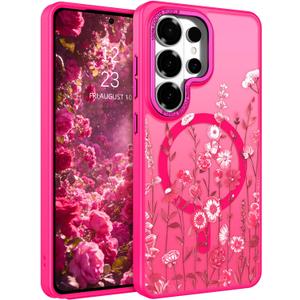 DOMAVER for Samsung Galaxy S26 Ultra Case, Magnetic Phone Case for Samsung S26 Ultra [Compatible with MagSafe] Slim Fit Flowers Floral Design Shockproof Protective Bumper Women Girls Cover- Hot Pink