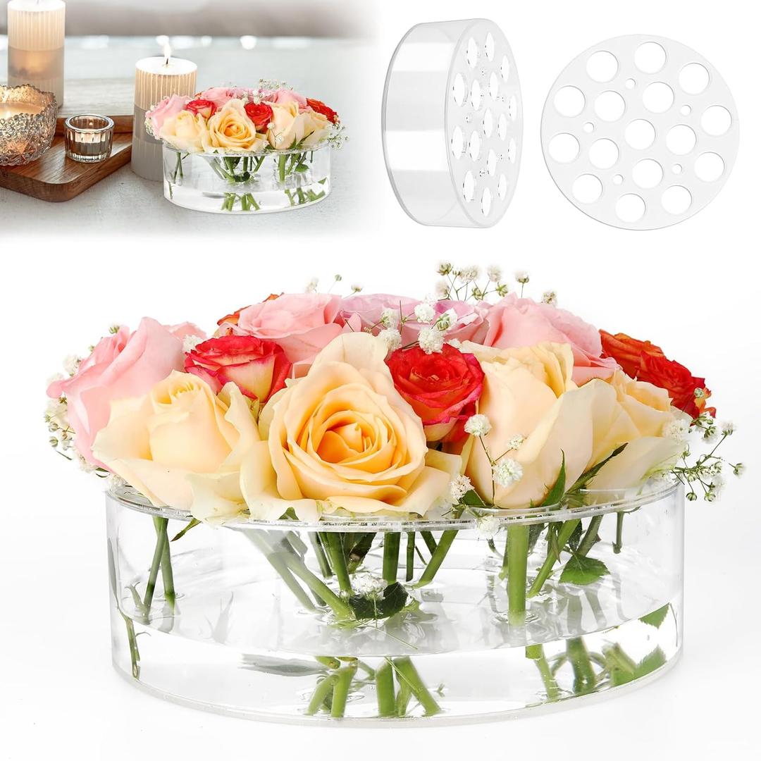 8 Inch Acrylic Flower Vase for Wedding Centerpieces Round, Circular Clear Wide Low Floral Vases with 16 Large + 5 Small Holes for Greater Than 24 inch Width Table Home Party Flower Arrangement (1 Pack(7.9in))