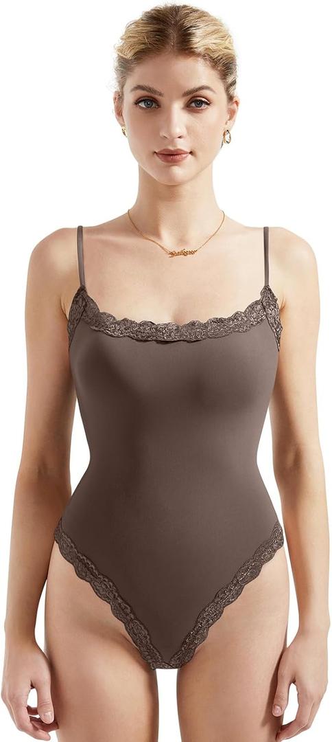 SUUKSESS Women Square Neck Lace Bodysuit Sleeveless Spaghetti Strap Tank Top (Medium, Brown)