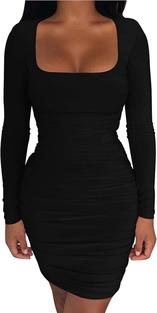 Women's Sexy Long Sleeve Crew Neck Bodycon Ruched Mini Club Party Dress Medium, Black 
