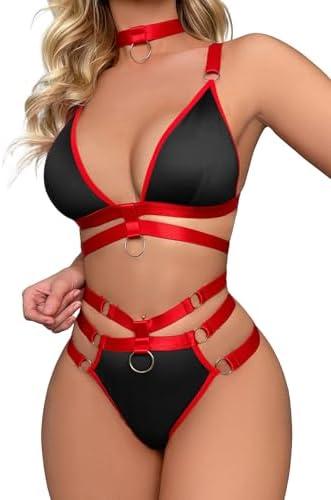 Lilosy Sexy Wireless Choker O Ring Linked Strappy Harness Lingerie Set Outfits , size L