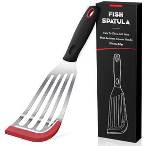 Silicone Fish Spatula, Heat Resistant Silicone Edge for Nonstick Cookware, Fish Turner for Kitchen Use, Flexible and Thin Stainless Steel Cooking utensils, Perfect Slotted Spatula for Egg, Pancake (1Pcs Red Large)