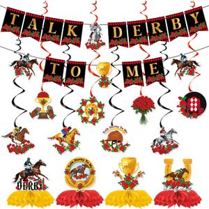 14 Pcs Derby Decorations, Horse Racing Party Pack with Banners Hanging Swirls & Honeycomb Centerpieces, Race Day Jockey Theme Party Supplies Decor
