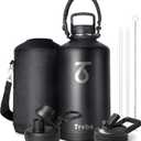 Trebo One Gallon Water Bottle Insulated with Paracord Handle,128oz Large Vacuum Double Wall Stainless Steel Insulated Jug with Straw Spout Handle Lids, Leakproof Keep Cold & Hot,Black