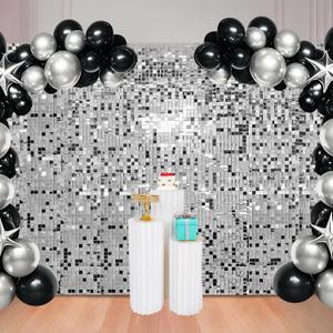 48 Pcs Silver Shimmer Wall Backdrop for Birthday Decorations, 8x6 FT Dynamic Square Sequin Wall Backdrop for Wedding Graduation Disco Engagement Party Proms Anniversary Decor
