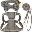 Beirui Cute Small Dog Harness Collar and Leash Set with Bowtie, Soft Adjustable Plaid Puppy Harness for Small Sized Dogs Cats Walks Parties and Photoshoots(Gray,S:Chest 17-23") (S:Fit 9-20 lbs)