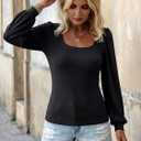 Womens Puff Long Sleeve Tops Square Neck Ribbed Knit Slim Fit Blouse Basic Tee Tops Elegant T Shirts (L)