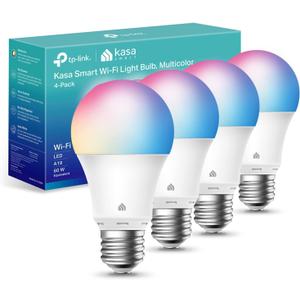 Kasa Smart Light Bulbs, Full Color Changing Dimmable Smart WiFi Bulbs Compatible with Alexa and Google Home, A19, 9W 800 Lumens,2.4Ghz only, No Hub Required, 4 Count (Pack of 1), Multicolor (KL125P4)