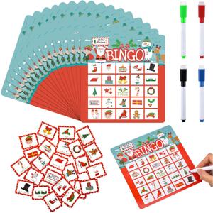 Soulchen 52 Pcs Christmas Bingo Christmas Dry Erase Bingo Cards 24 Players Holiday Festival Xmas Party Favors for Adults Large Group Family Activities Birthday Party Supplies