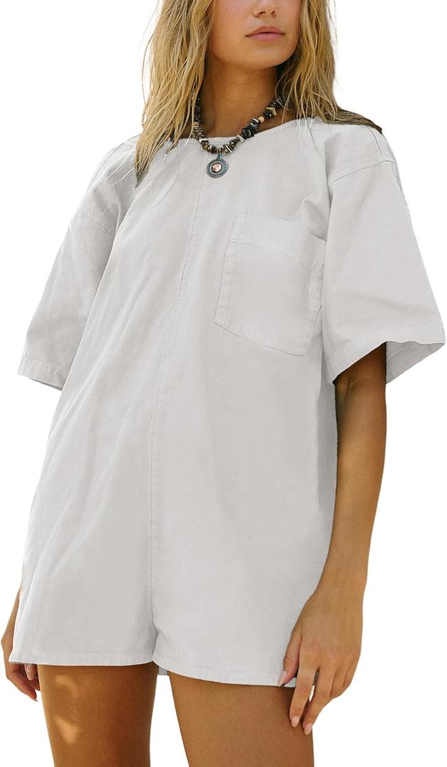 LTSCNRM Tee Rompers for Women Oversized Jumpsuits Overalls One Piece Hot Shot Short Sleeve Back U Neck Pockets Activewear (Small, White)
