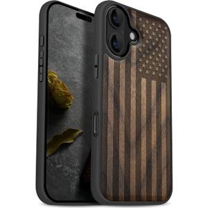 Carveit Magnetic Wooden Case for iPhone 17 Case, Wood Artisan Engraved & Black Soft TPU Shockproof Cover, Compatible with MagSafe Wireless Chargers (The Classic American Flag) Walnut