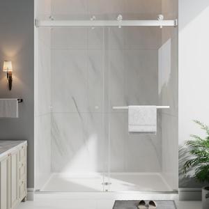 Frameless Double Sliding Shower Doors, 43-48" W x 76" H Shower Glass Door, 1/4" (6mm) Thick ANSI Certified Tempered Glass with Explosion-Proof Film and Nano Coating, Brushed Nickle